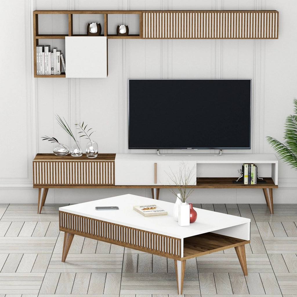 Cassacco, set Mobili da Soggiorno Modulabile, Marrone Noce