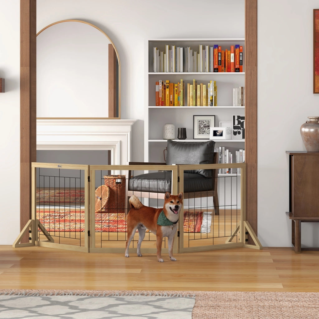 Cancellino Pieghevole per Cani ¨C Xylo ¨C 3 Pannelli, Legno Naturale, 210x70 cm