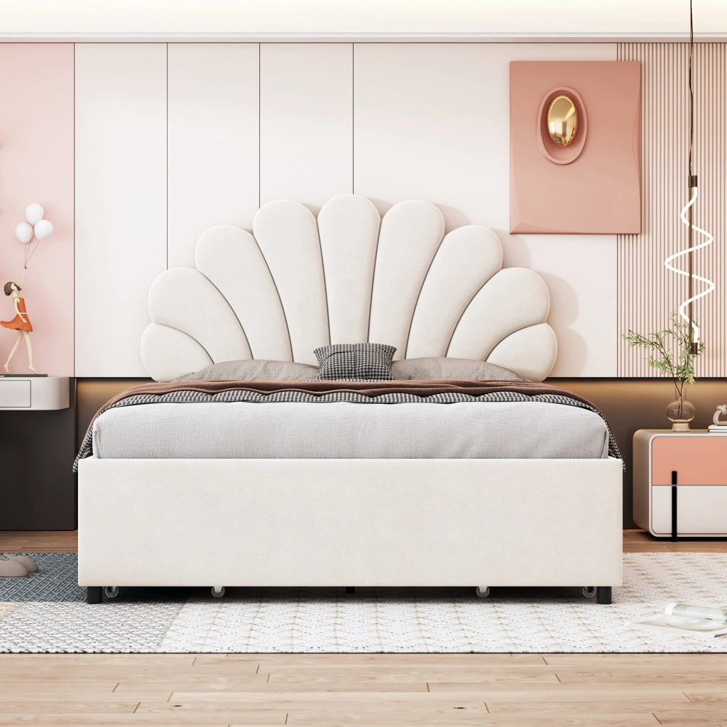 LETTO Imbottito 140x200 cm Beige con 4 cassetti e testiera floreale