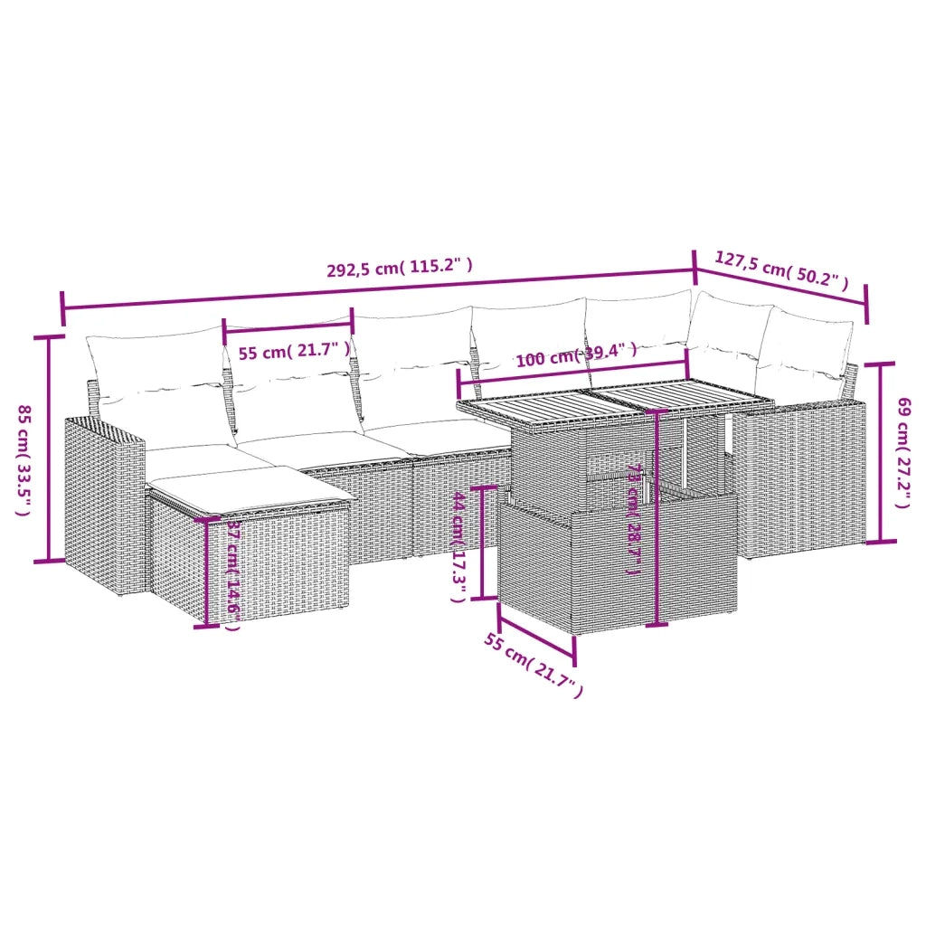 Set Divano da Giardino 8 pz con Cuscini Grigio in Polyrattan