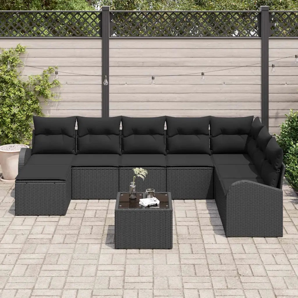 Set Divano da Giardino con cuscino 9 pcs Nero Poly Rattan