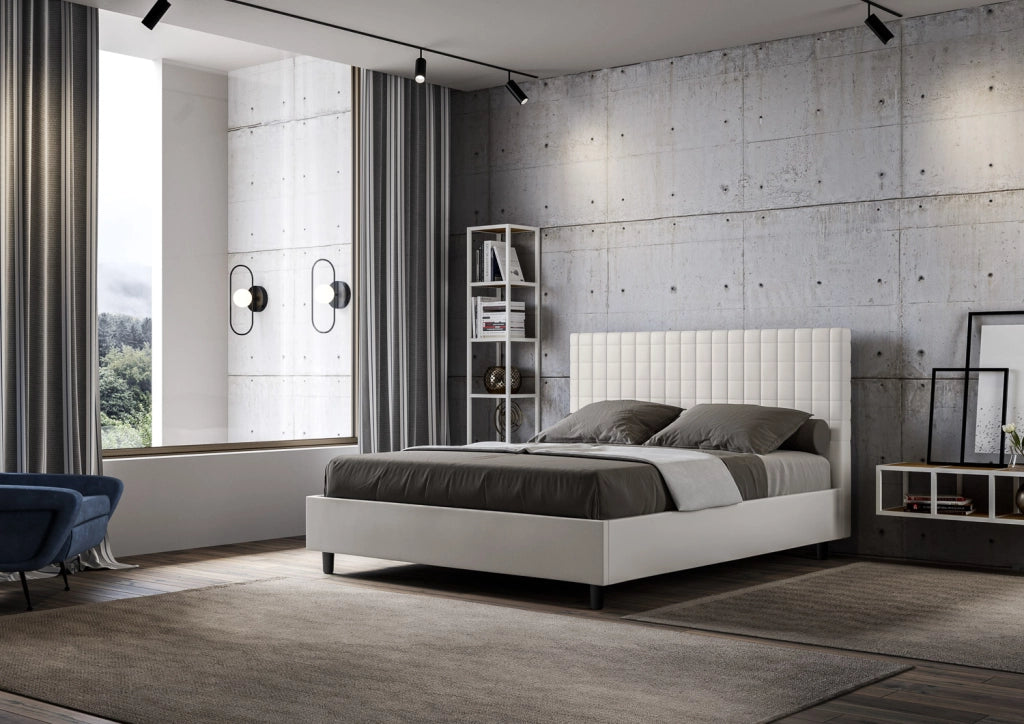 BS COM Letto matrimoniale con rete imbottito 160x210 similpelle bianco