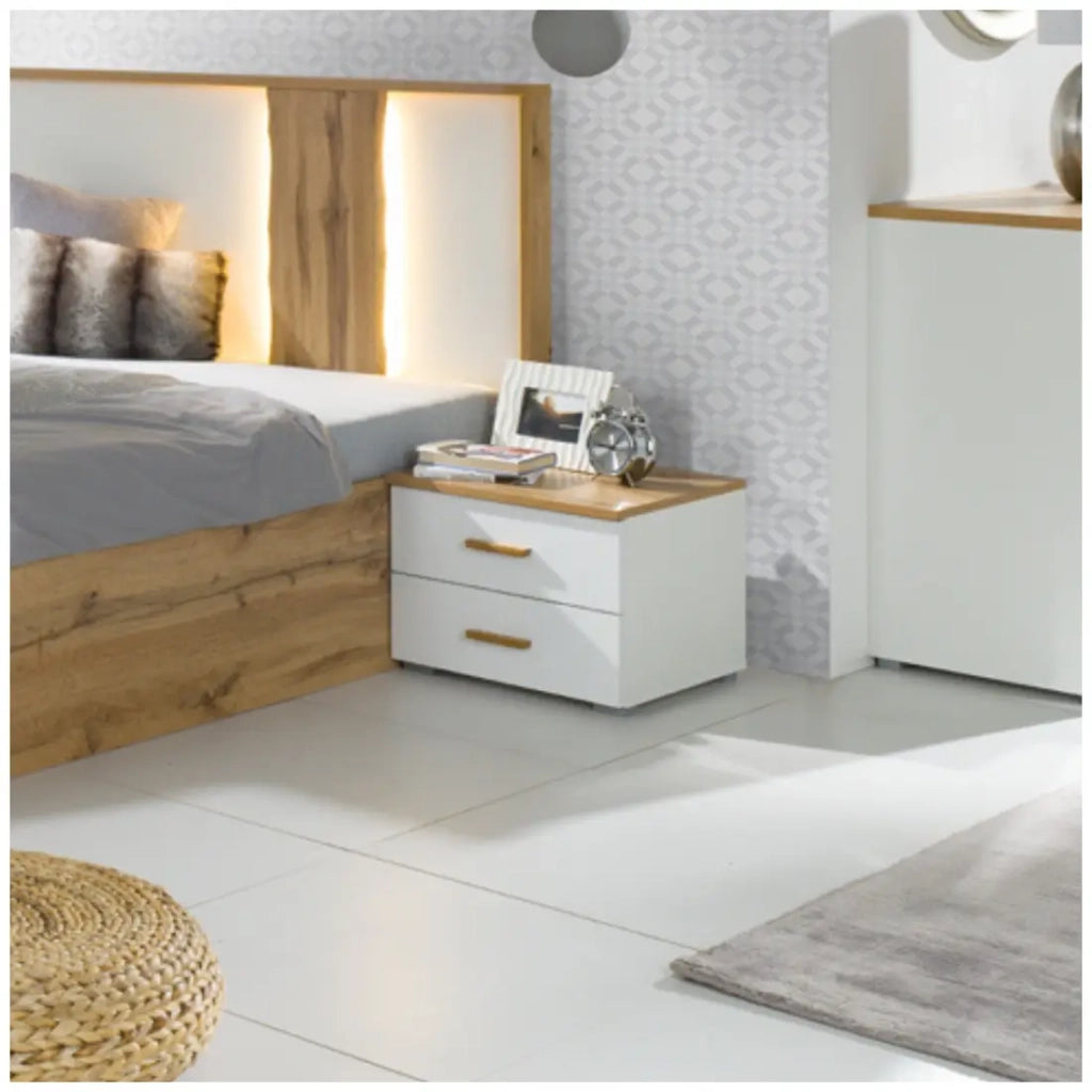 Pack letto 160x200 con LED + 2 comodini WOOD colore bianco e rovere
