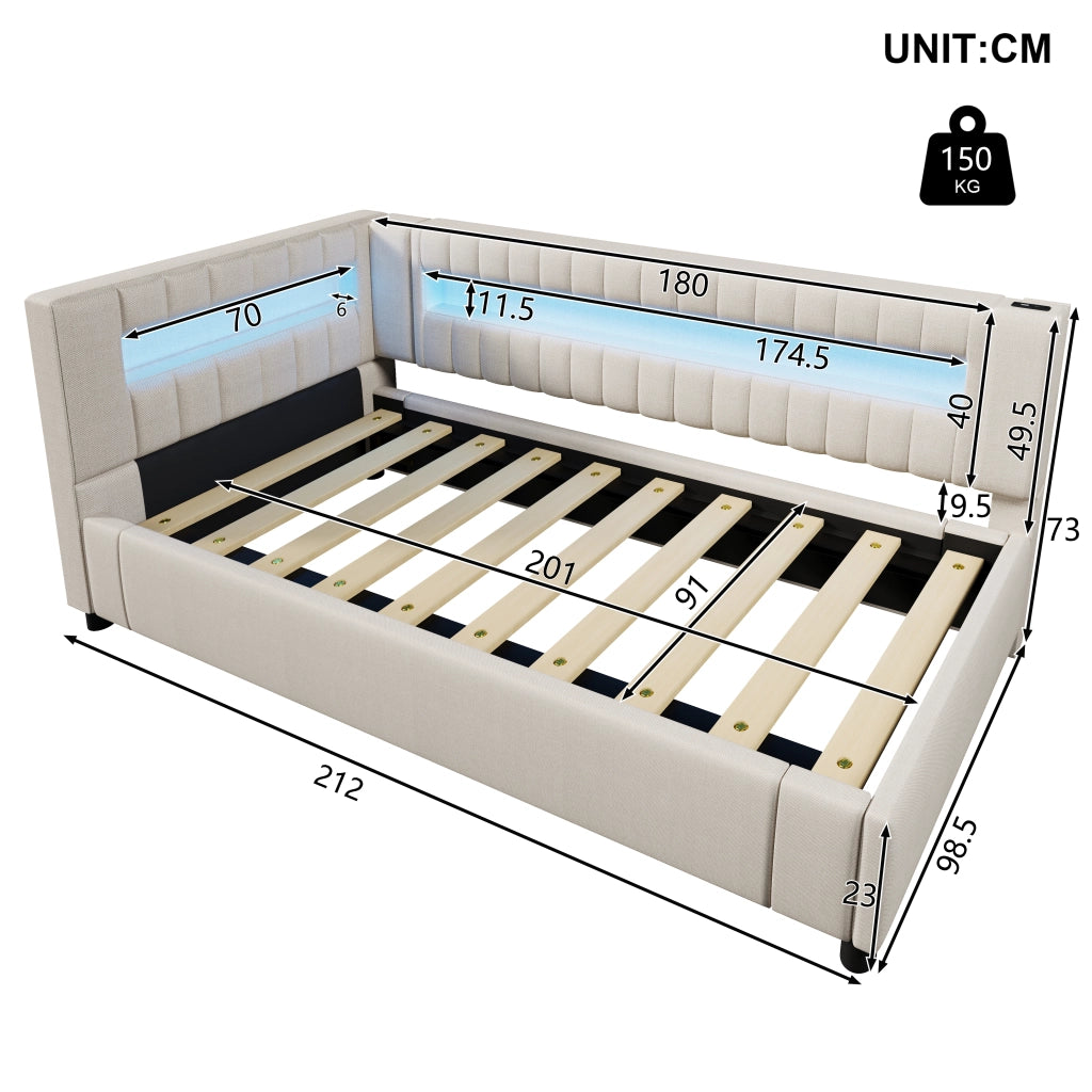 Daybed 90x200 cm in lino beige con LED, USB+TYPE-C e contenitore idraulico
