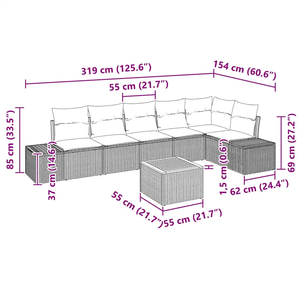 Set Divano da Giardino con cuscino 7 pcs Nero polyrattan 3347968