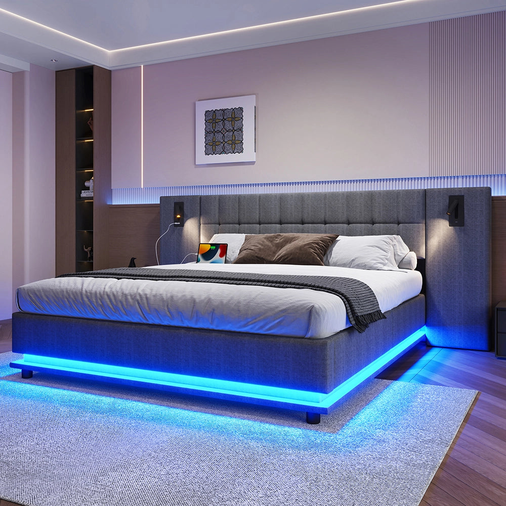 Letto-Xylo-180x200 cm-LED, spot, USB, lino grigio