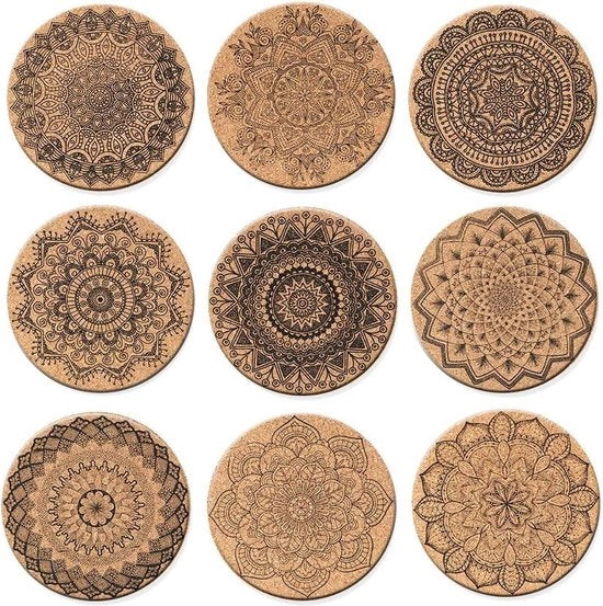 Supporti di Cork - Riciclabili - 9 Pezzi - Design Retro - 10 x 0,5 cm