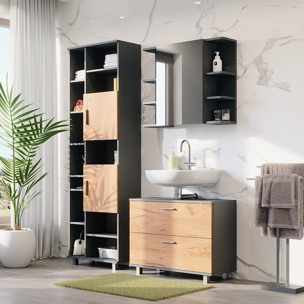 Vicco Set di mobili da bagno Quercia dorata/antracite 3 parti, con colonna