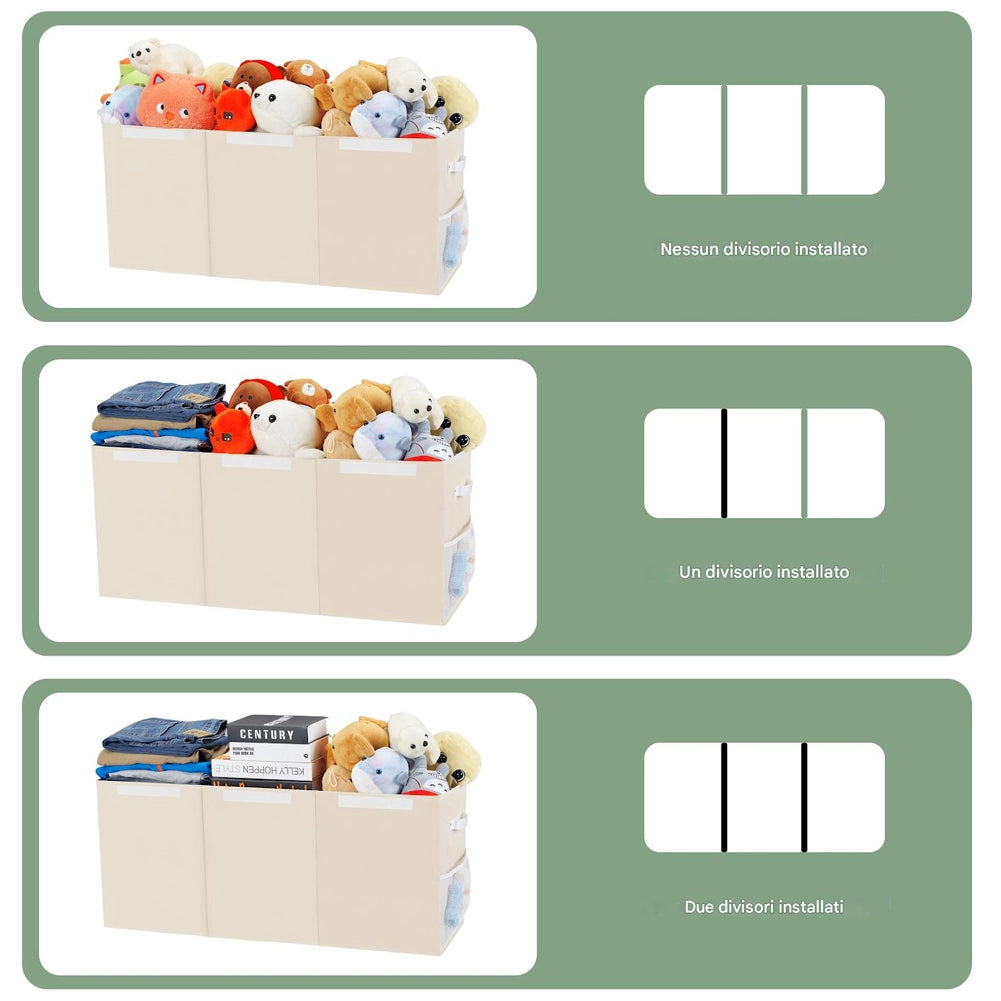 Contenitore Box 3 Scomparti Beige Scatola Cesta Giocattoli Organizer Multiuso