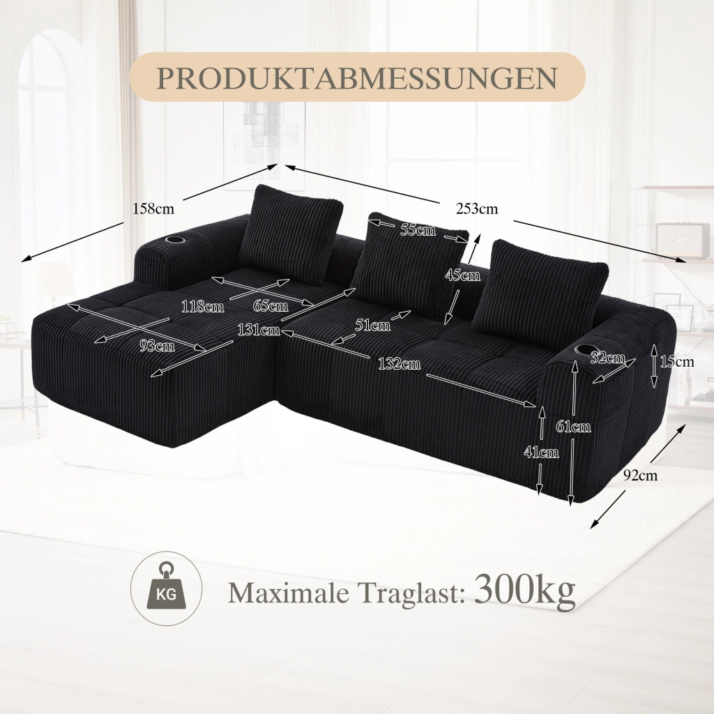 Divano Compatto in Tessuto a Coste con Cuscini ¨C MINIMAL ¨C Nero, Modulare, Portabicchieri