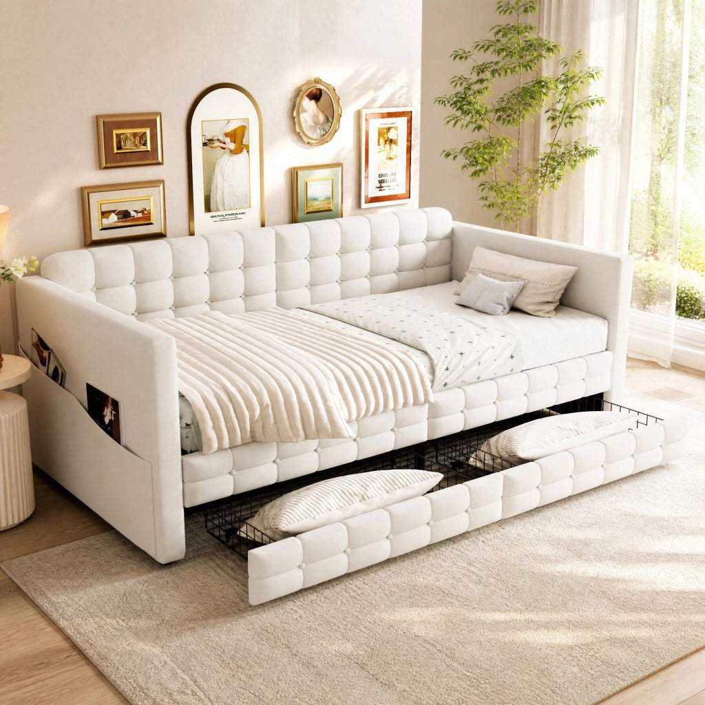 LETTO Imbottito 90x190 cm Beige con tasche laterali e 2 cassetti