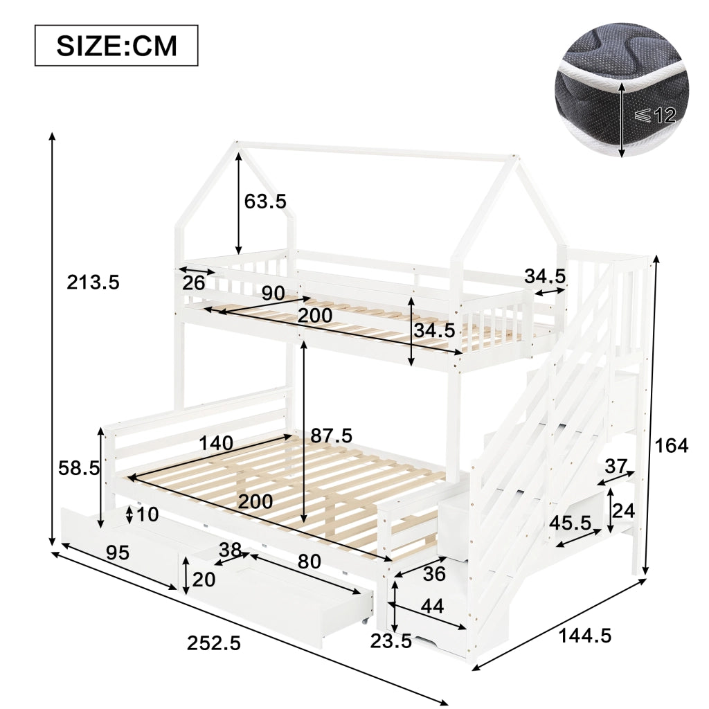 LETTO a castello per bambini 90x200 cm e 140x200 cm Bianco Legno MDF