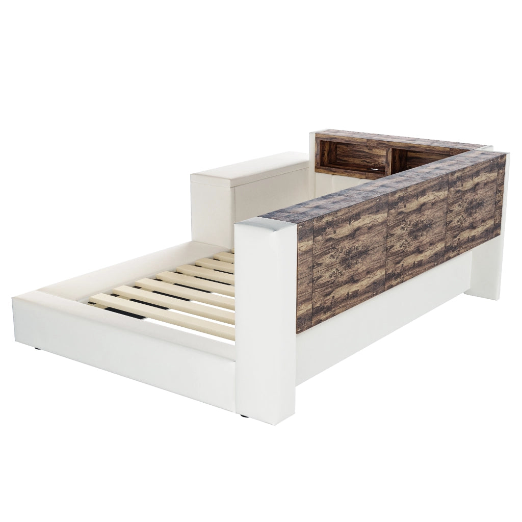 Letto imbottito 90 x 200 cm con contenitore, USB/LED e tavolino laterale, beige