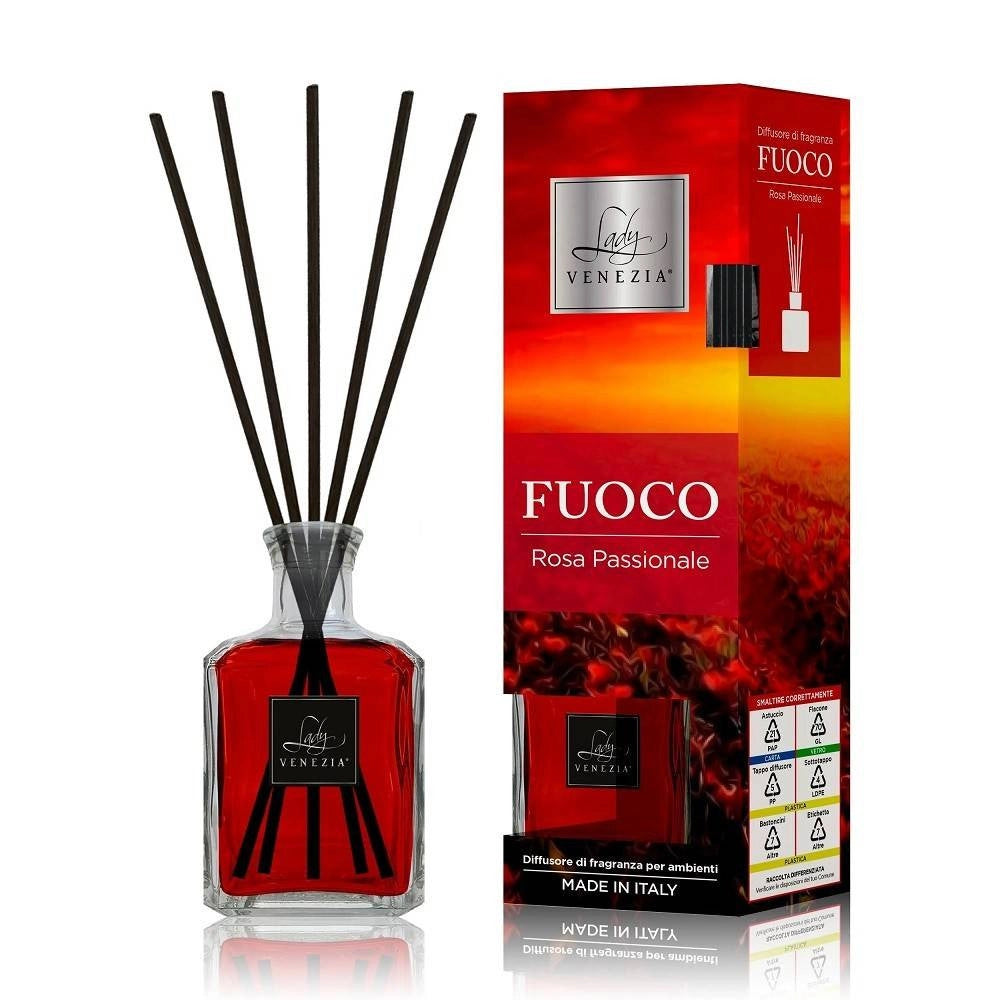 Trade Shop - Maxi Diffusore Ambiente Cubo Con Bastoncini Fragranza Fuoco Rosa Passionale 250ml -