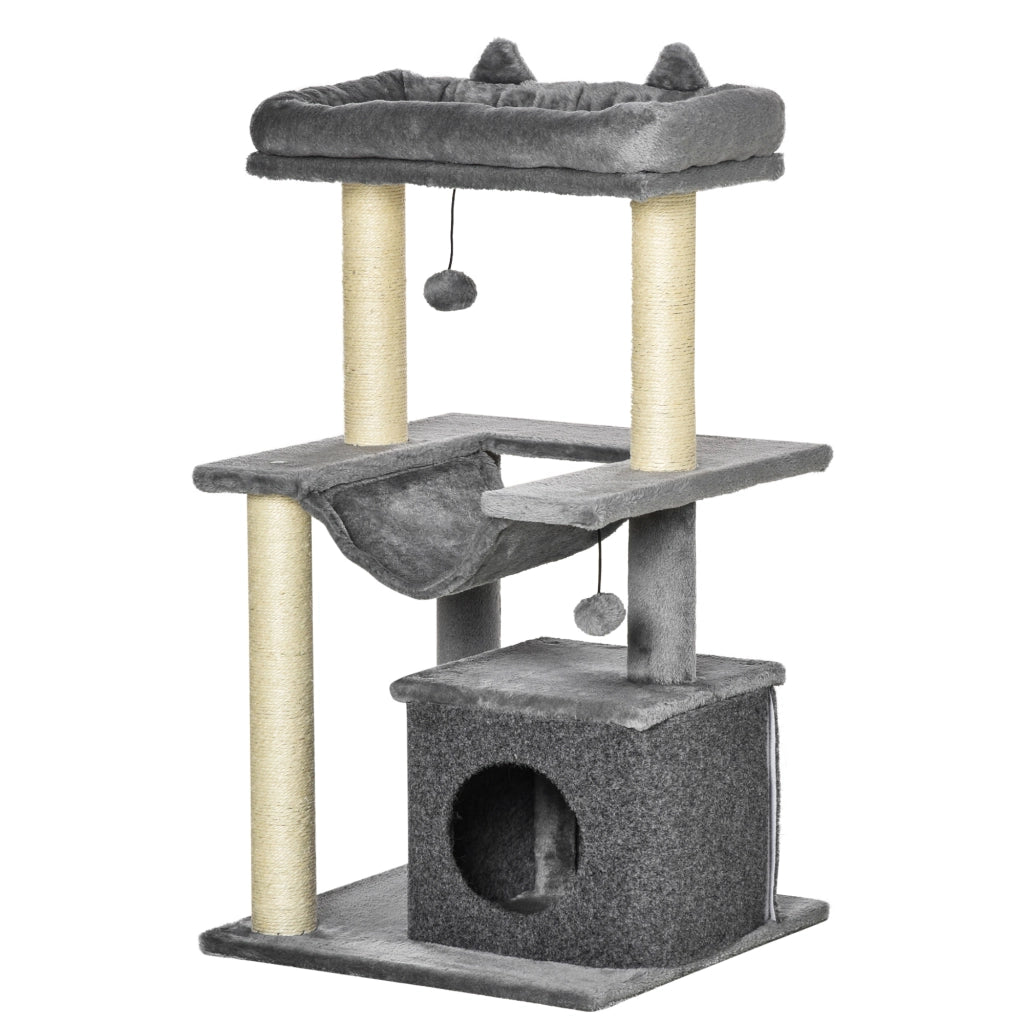 Albero Tiragraffi con Corde Sisal, Casetta e Amaca, Rivestimento Peluche e Feltro, Altezza 100cm, Grigio