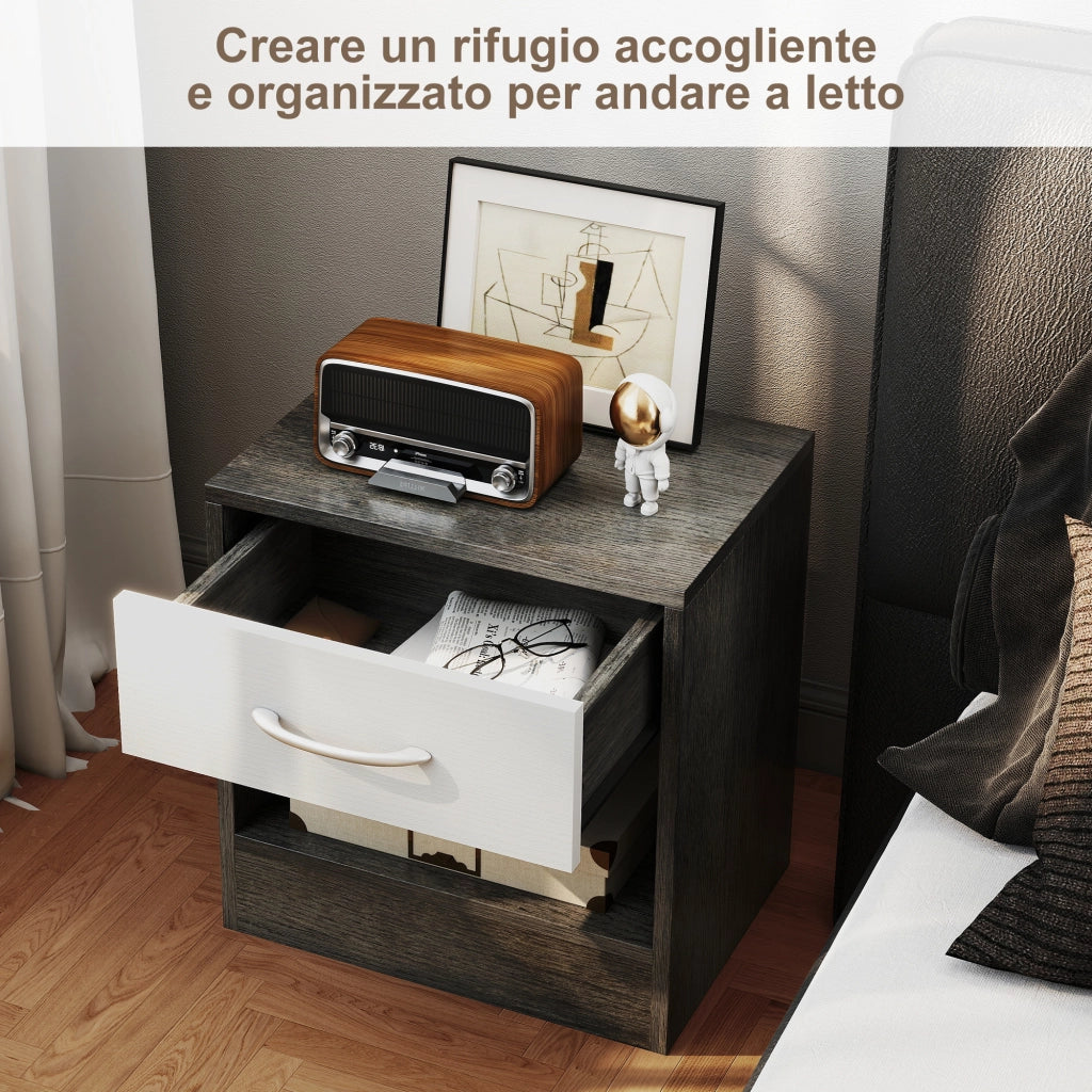 Comodini Moderni con Cassetto e Ripiano Aperto ¨C zephmum ¨C Legno, Bianco e Grigio Scuro, 39x28x41 cm