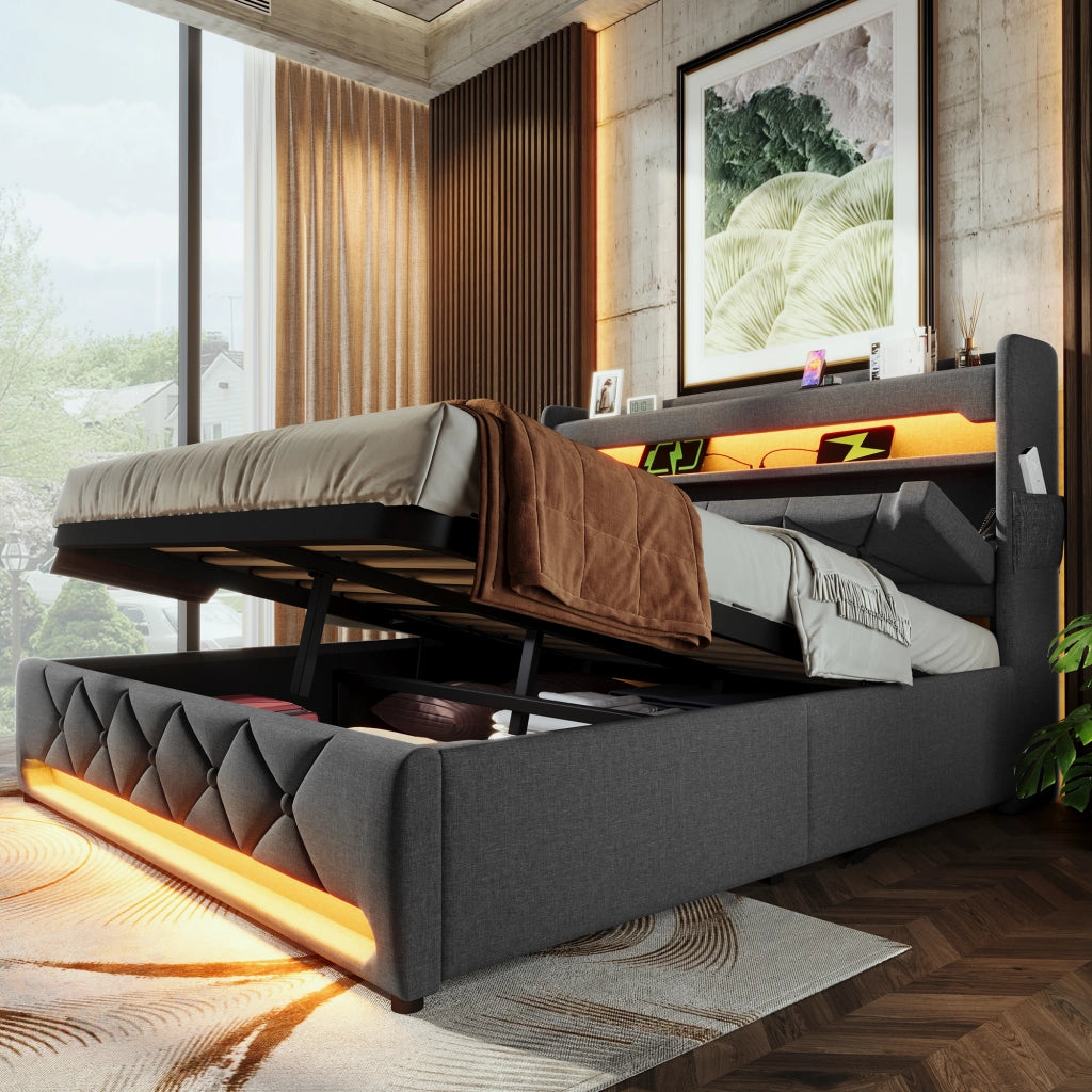 LETTO Contenitore 160x200 cm Lino Grigio con LED e testiera con USB