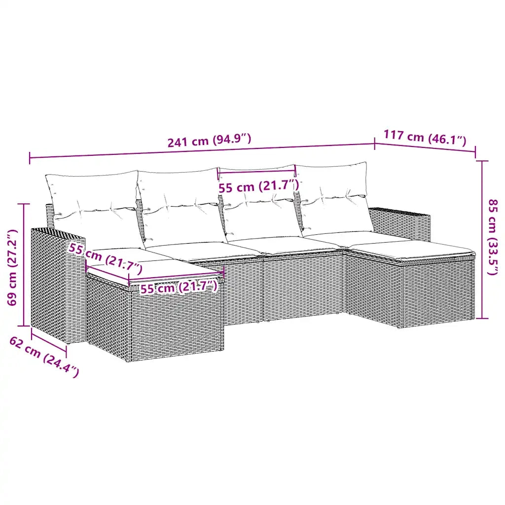 Set Divano da Giardino 6 pz con Cuscini Marrone in Polyrattan