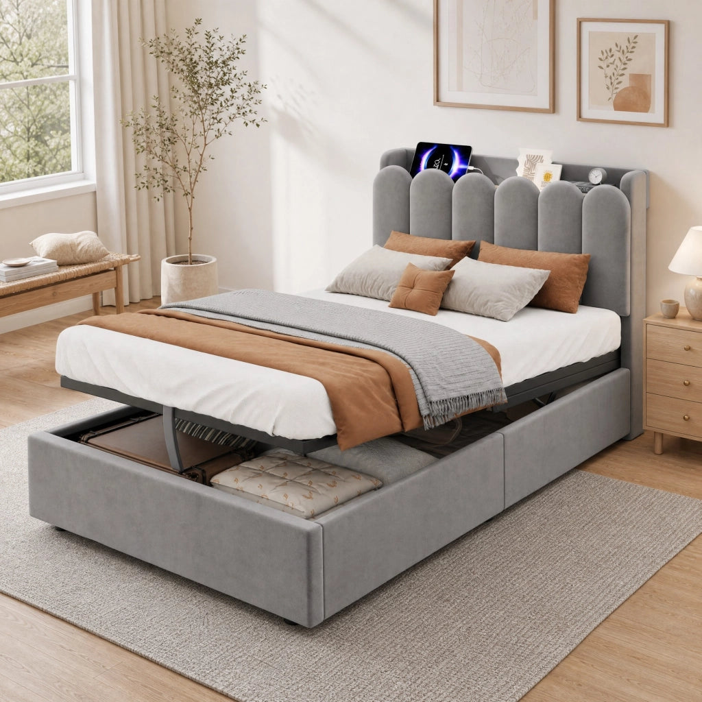 Letto singolo imbottito per bambini 90x200 cm con contenitore, doghe incluse, USB/Type-C e luce, velluto grigio