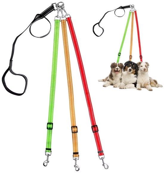 Riempio 3-in-1 per cani con elementi rifrangenti, manico regolabile 90 cm e cordino da 58-88 cm.