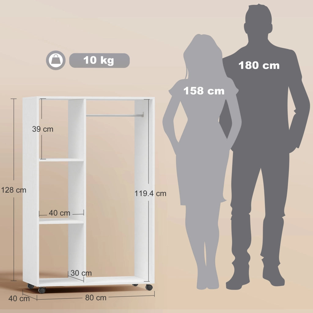 Armadio con Ruote, Appendabiti e 3 Ripiani ¨C Minimal ¨C Legno, 80x40x128 cm