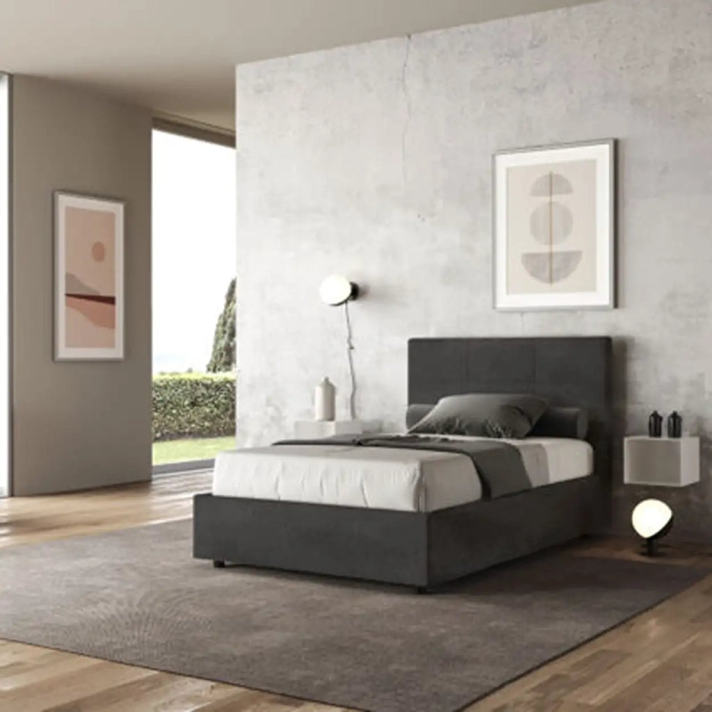 Letto una piazza e mezza contenitore imbottito 120x190 microfibra grigio Mika