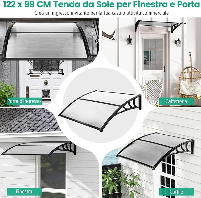 Tettoia per Porta Finestra, Pensilina Tettoia per Porta in Policarbonato, per Protezione da Sole, Pioggia, Neve, per Balcone, Finestre e Porte