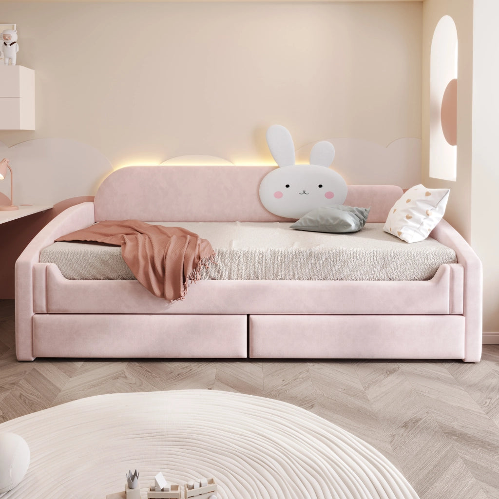 LETTO Sofa per bambini 90x200 cm in velluto rosa con LED