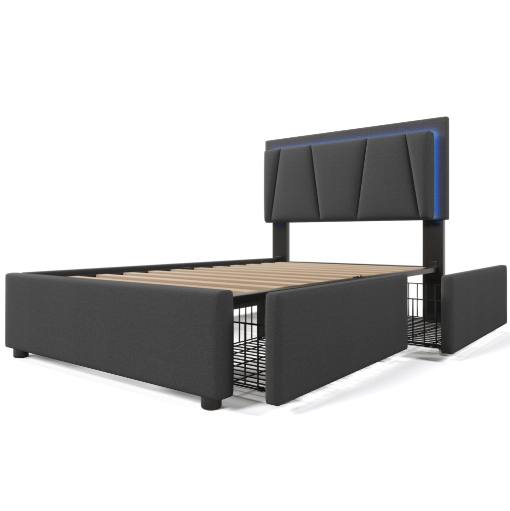 Letto singolo 90x200 cm con testiera regolabile, LED e 2 cassetti