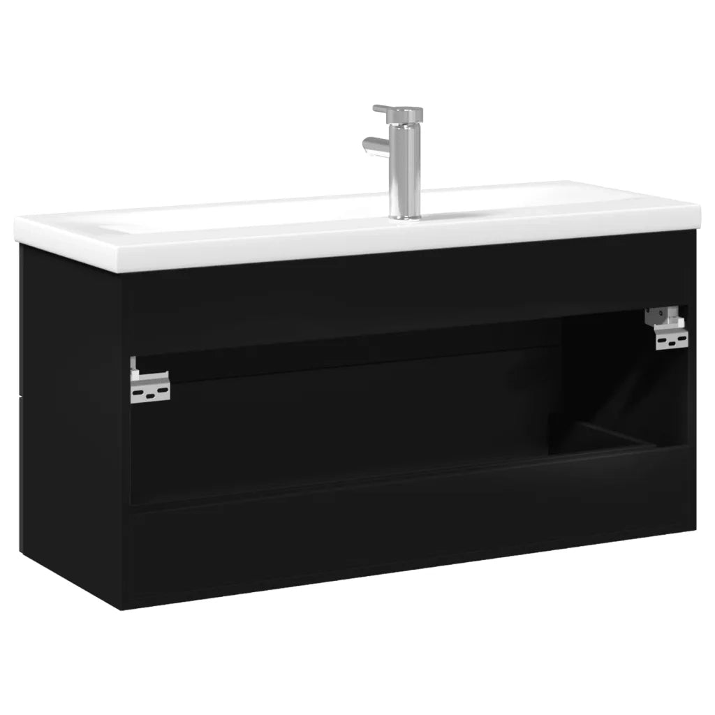 Mobiletto da bagno sospeso 100 x 38,5 x 48 cm con pratico vano contenitore design moderno legno nero 02_0055545
