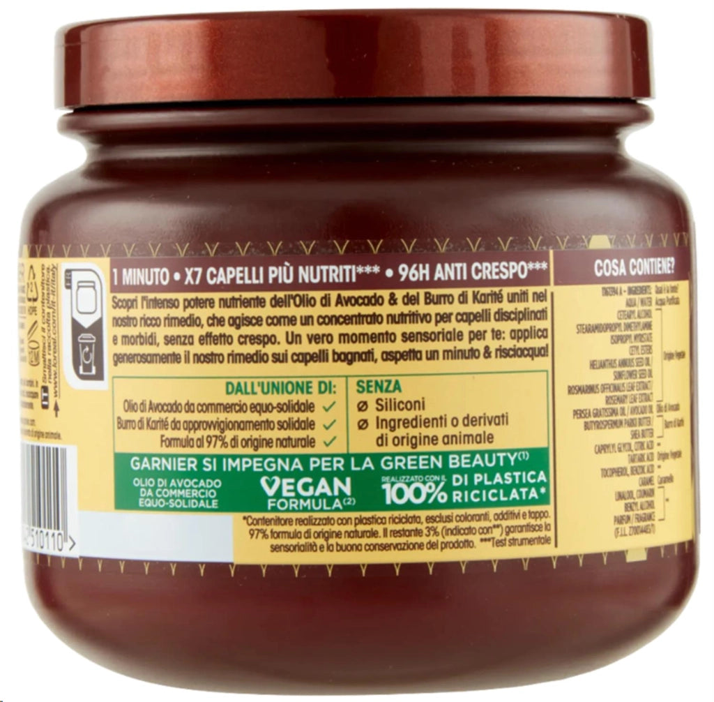 GARNIER ULTRA DOLCE MASCHERA NUTRIENTE PER CAPELLI SECCHI E CRESPI IN 1 MINUTO AVOCADO E BURRO DI KARITÉ 340 ML