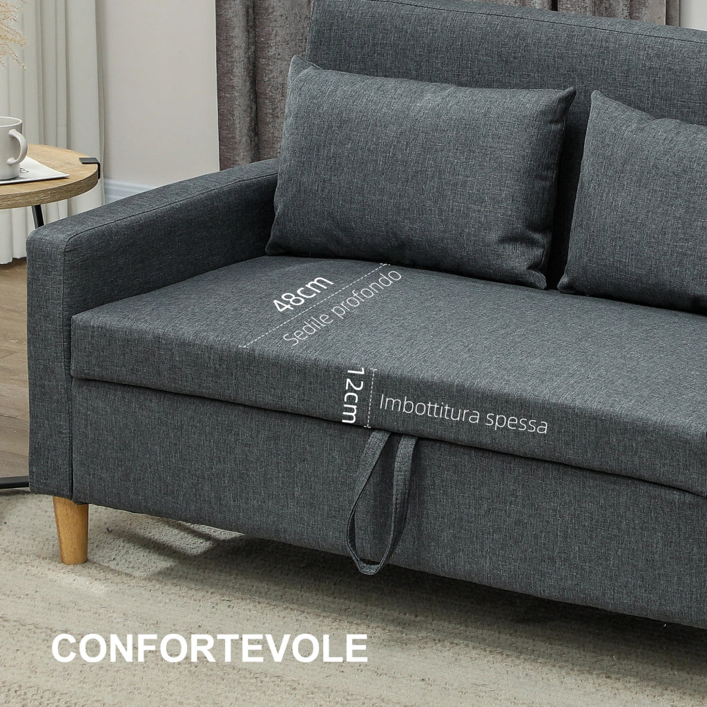Divano 2 Posti con Cuscini e Spazio Portaoggetti ¨C Zephmum ¨C Tessuto Effetto Lino, Grigio Carbone, 135x72x84 cm