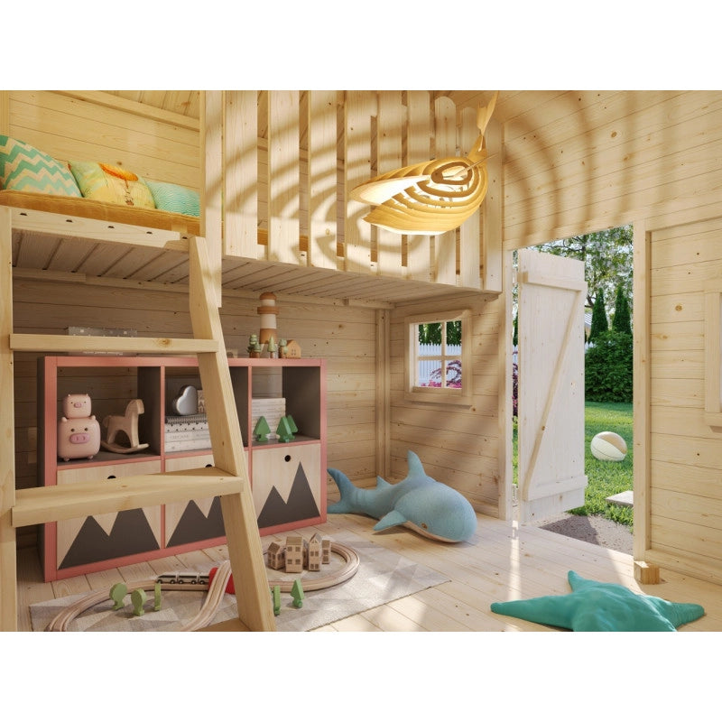 Casetta in legno per bambini da giardino 220x180 cm, con soppalco interno e pareti spessore 16 mm, porta singola, uso esterno - Esterni da Vivere