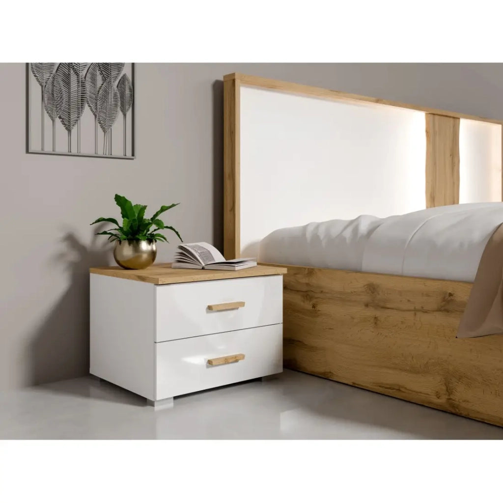 Pack letto 160x200 con LED + 2 comodini WOOD colore bianco e rovere