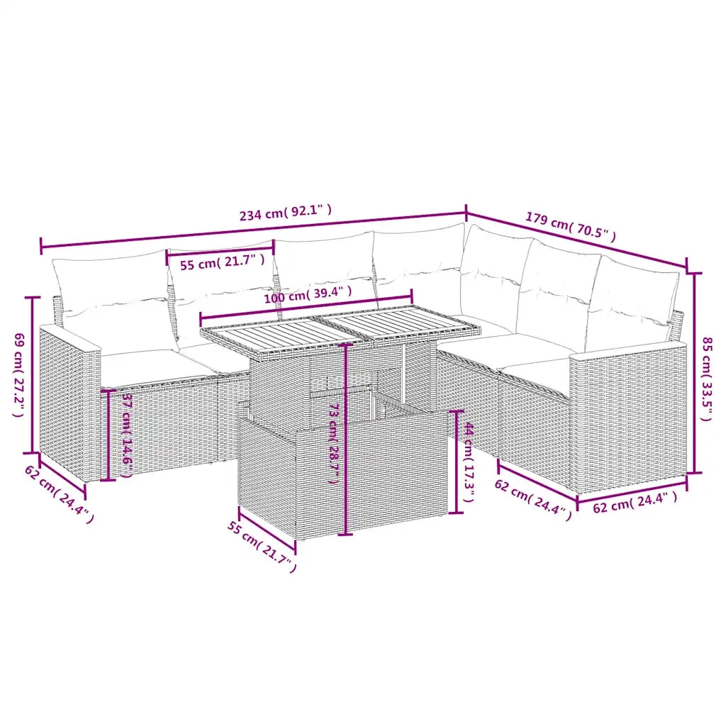 Set Divani da Giardino 7 pz con Cuscini Beige in Polyrattan