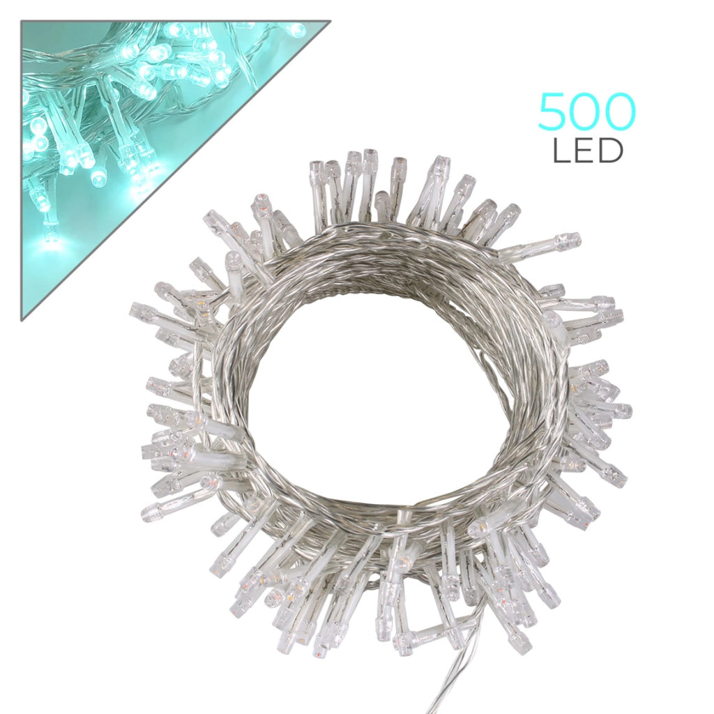 CATENA LED 500 LUCI VERDE ACQUA CAVO TRASPARENTE 25 METRI 8 GIOCHI DI LUCE - IP44 PER INTERNI ED ESTERNI