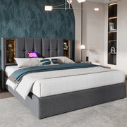 LETTO imbottito 160x200 cm grigio in cotone con ricarica wireless e USB
