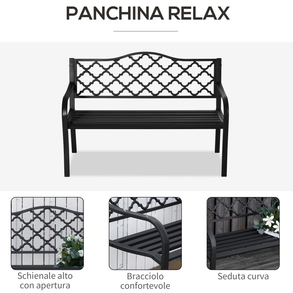 Panchina da Giardino 2 Posti ¨C Xylo ¨C Acciaio e Ghisa Nero con Braccioli 128x58.5x89cm