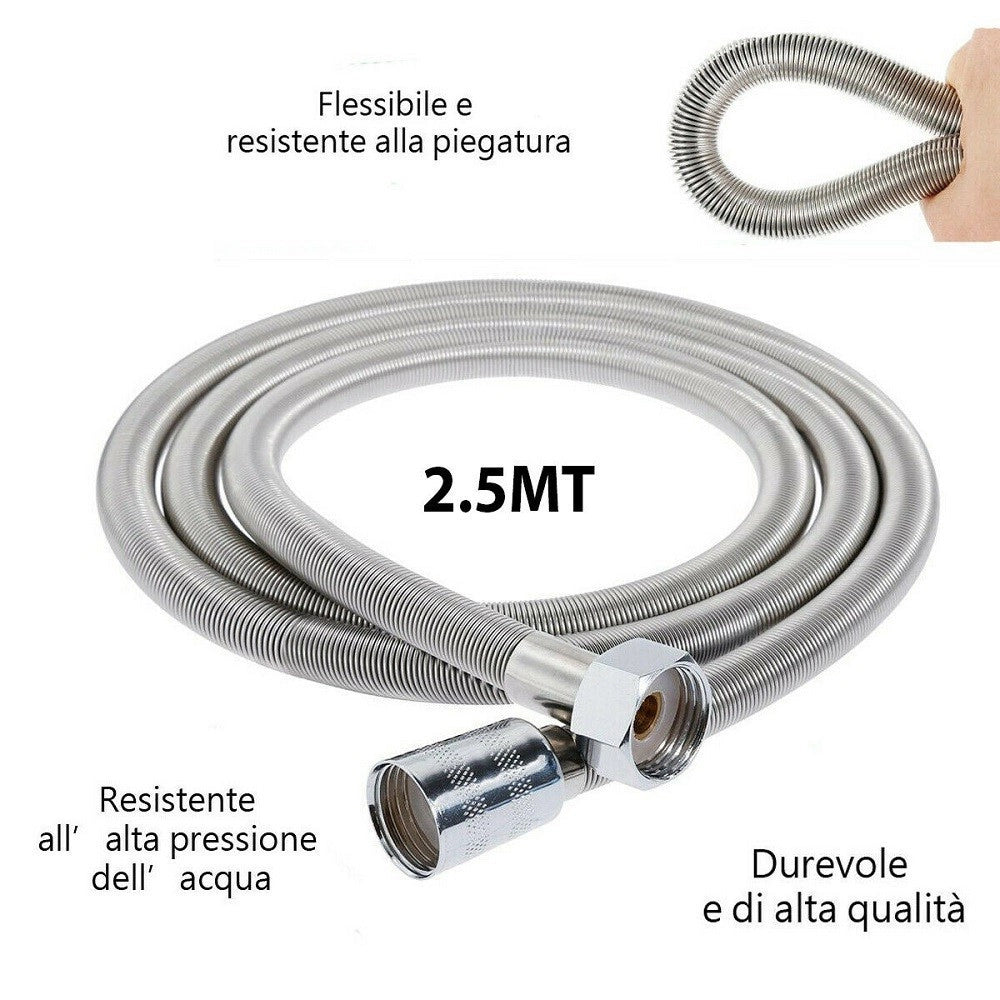 Trade Shop - Tubo Flessibile Soffione Doccino Per Doccia Vasca Bagno 2.5mt In Acciaio Cromato -