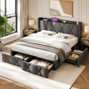 LETTO Contenitore 140x200 cm Grigio in lino con 4 cassetti e prese USB