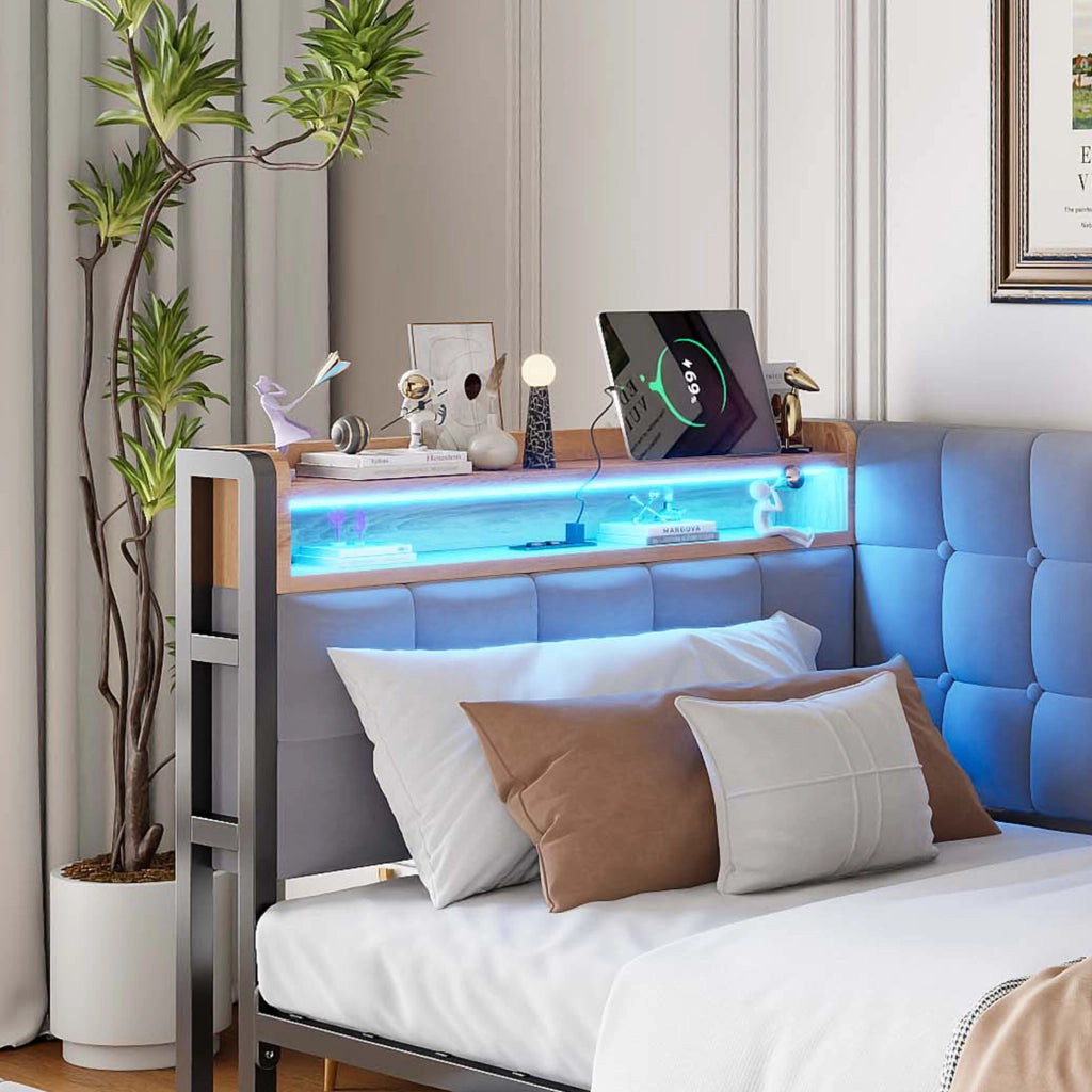 LETTO Contenitore 90x200 cm Grigio in tessuto con 2 cassetti, LED e USB-C
