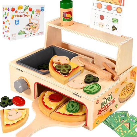 Kit di pizza in legno per bambini - Set di pizza 50 pezzi - Taglia pizza - Giocattolo di ruolo - Accessori per la cucina - Chiusura con elastici - Cibo per giocattoli