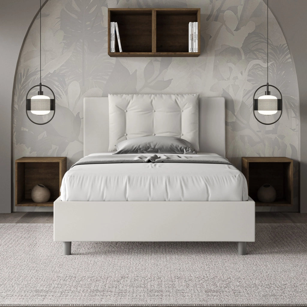BS COM Letto una piazza e mezza con rete imbottito 120x200 similpelle bianco