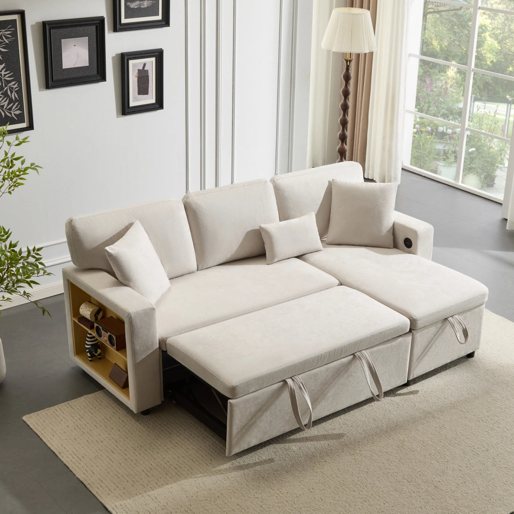 Divano Letto Angolare con Contenitore e Libreria ¨C MINIMAL ¨C Beige