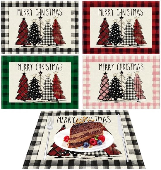 Tavolo di Natale in Lino 4 pezzi - 30 x 45 cm - Disegno di Albero di Natale Elegante - Decorazione di Tavola Festiva - Materiale di Alta Qualità