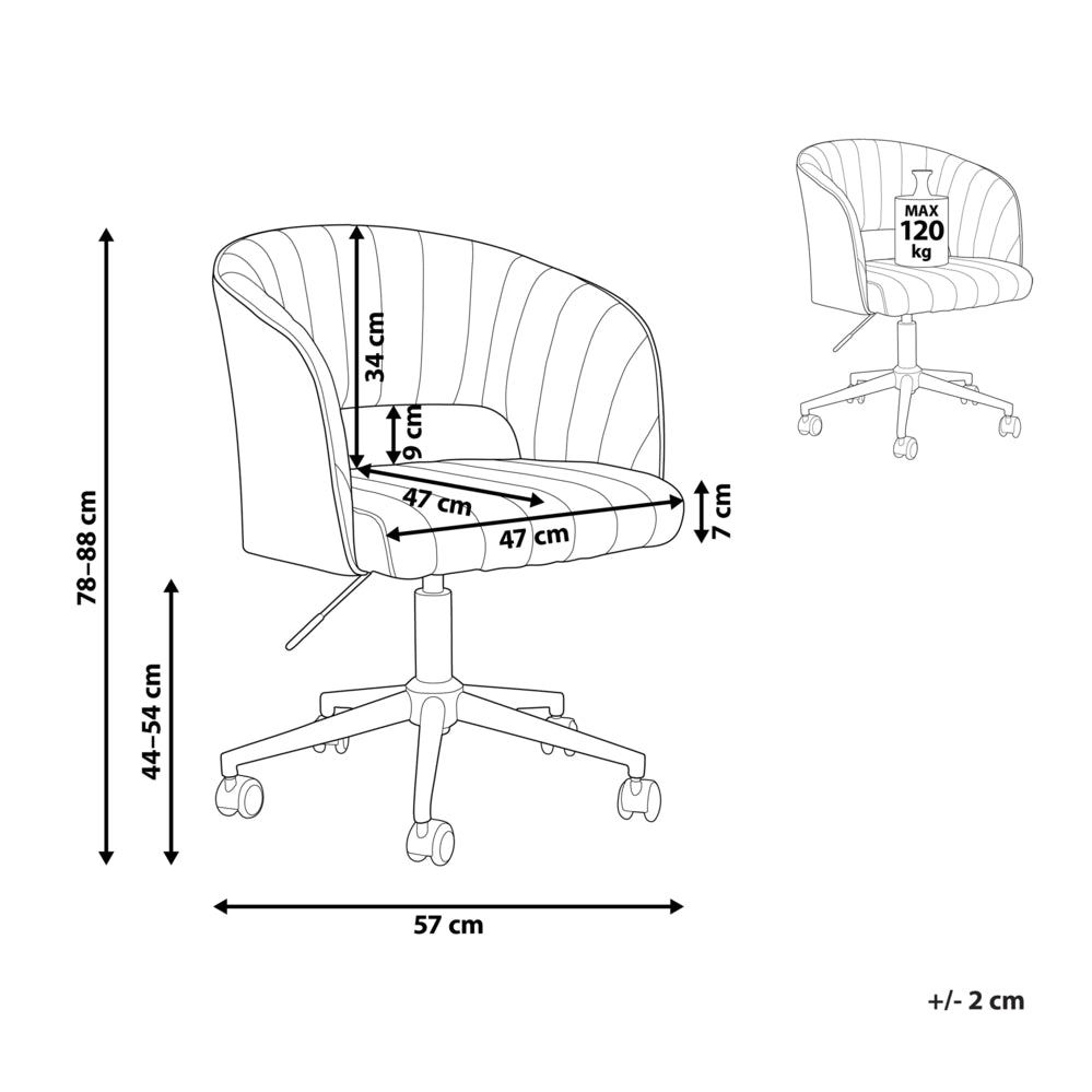 Sedia girevole da ufficio in velluto beige regolabile in altezza e con schienale imbottito