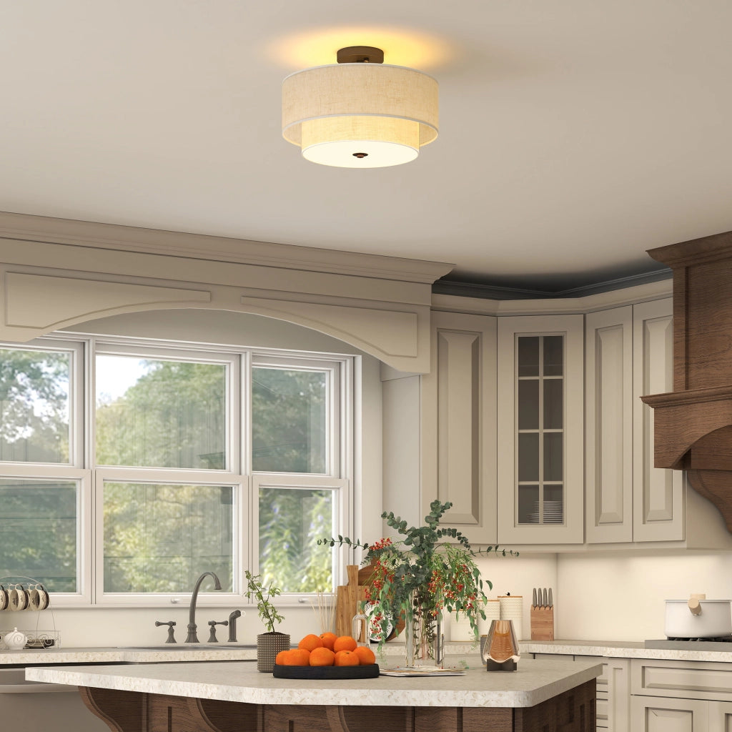Lampada a sospensione doppia in lino ¨C Minimal ¨C crema
