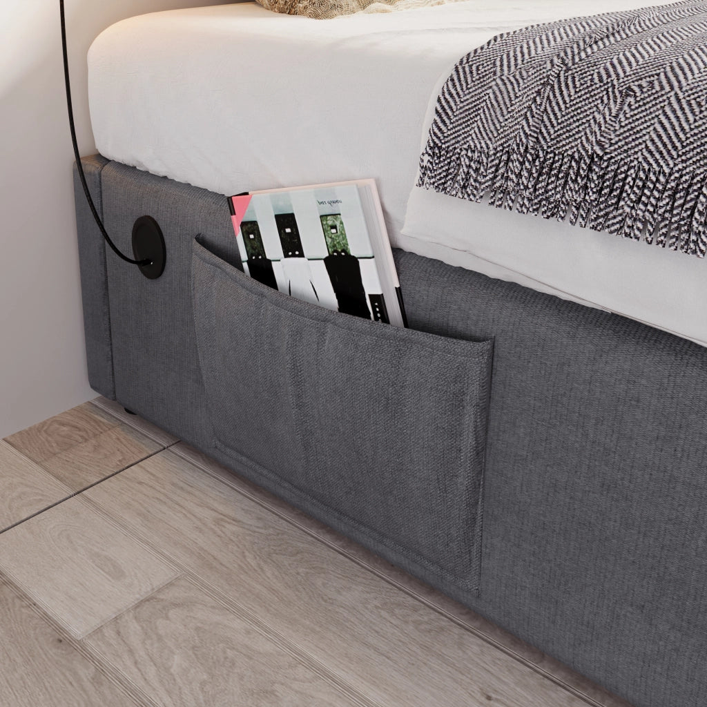 Letto imbottito senza testiera con contenitore idraulico; porta USB/Tipo-C e doghe in legno massello; cotone grigio; 90x200 cm; senza materasso
