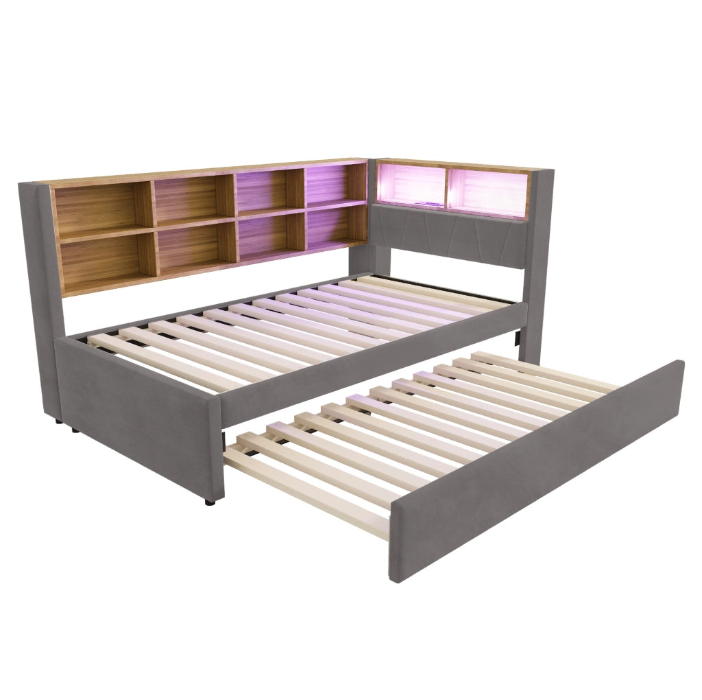Divano letto multifunzione con letto estraibile, LED e prese integrate