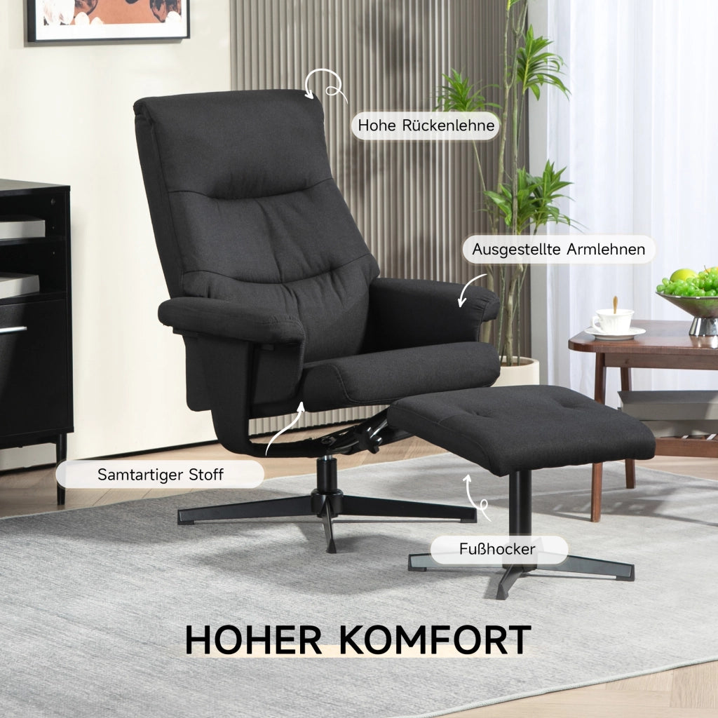 Poltrona relax con poggiapiedi ¨C Xylo ¨C girevole reclinabile velluto nero fino 150kg
